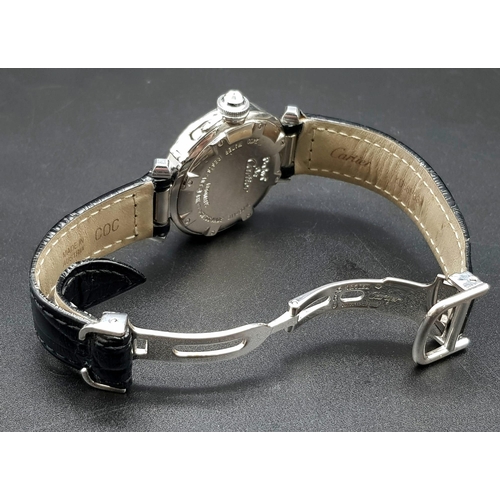 275 - 18K WHITE GOLD CARTIER AUTOMATIC LADIES NOUGHTS AND CROSSES, DIAMOND WRISTWATCH. ON THE ORIGINAL CAR... 