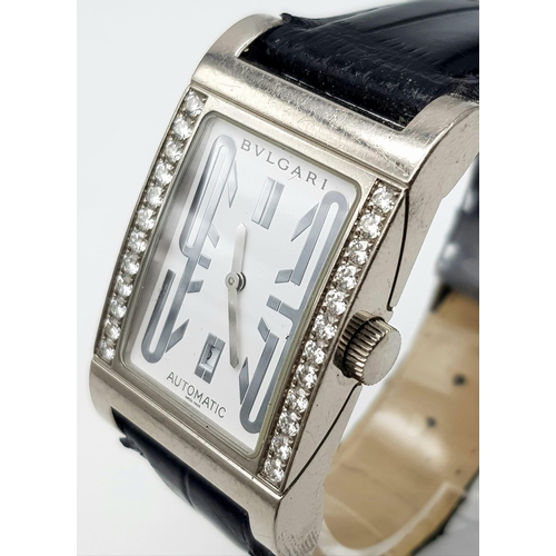 282 - 18K WHITE GOLD BVLGARI RETTANGOLO UNISEX TANK STYLE WATCH, WITH BLACK LEATHER STRAP. AUTOMATIC MOVEM... 