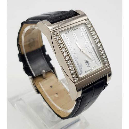 282 - 18K WHITE GOLD BVLGARI RETTANGOLO UNISEX TANK STYLE WATCH, WITH BLACK LEATHER STRAP. AUTOMATIC MOVEM... 