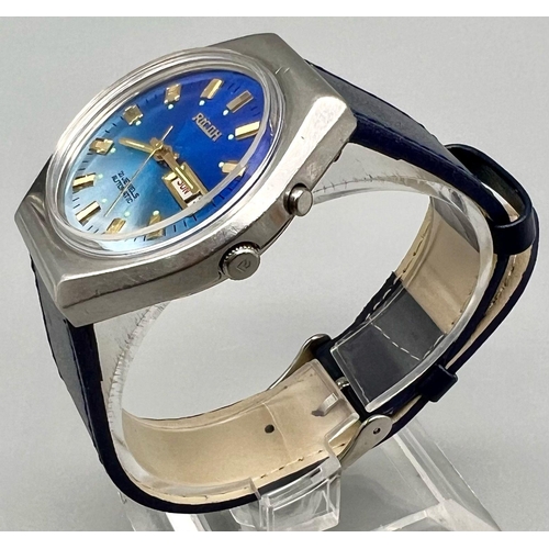 353 - A Vintage Ricoh Ice Blue 21 Jewel Automatic Gents Watch. Blue leather strap. Ice blue dial with day/... 