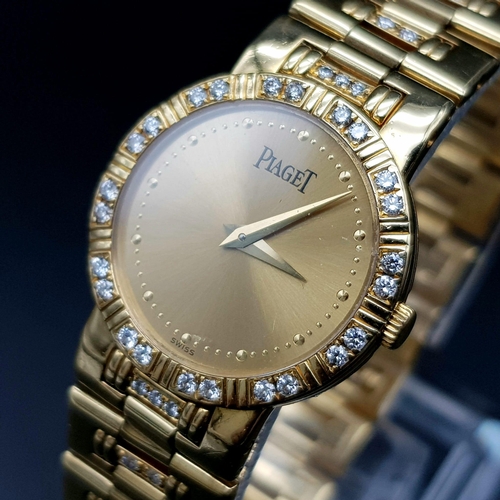 375 - PIAGET 18K GOLD QUARTZ LADIES WRISTWATCH, WITH DIAMOND BEZEL AND LINKAGE . SOLID 18K GOLD STRAP. QUA... 