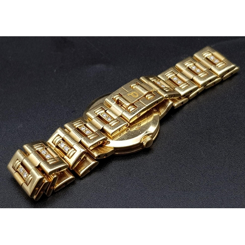 375 - PIAGET 18K GOLD QUARTZ LADIES WRISTWATCH, WITH DIAMOND BEZEL AND LINKAGE . SOLID 18K GOLD STRAP. QUA... 