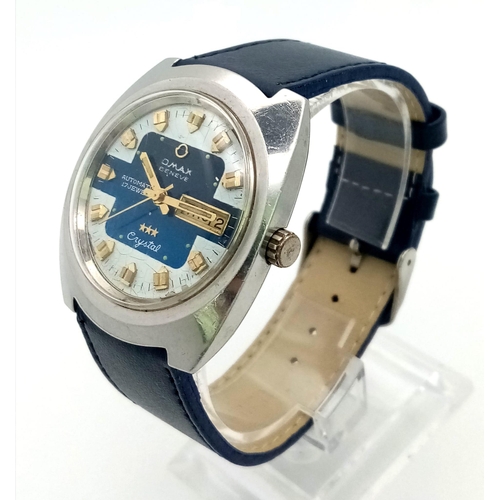 516 - A Vintage Omax Crystal Automatic Gents watch. Blue leather strap. Stainless steel case - 38mm. Blue ... 