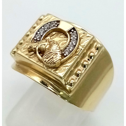 751 - A 14K Yellow Gold White Stone Horse Shoe Gents Signet Ring. Size X. 5g total weight. Ref: 6-2740