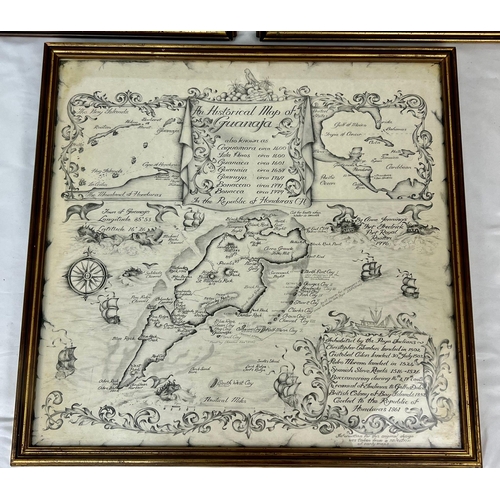 778 - 3 x Hand Drawn Historical Pirate maps of GUANAJA and PORT ROYAL ROATAN ISLAND in Honduras and Puerto... 