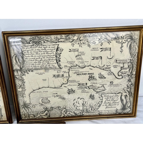 778 - 3 x Hand Drawn Historical Pirate maps of GUANAJA and PORT ROYAL ROATAN ISLAND in Honduras and Puerto... 