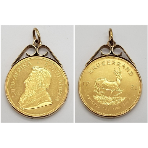 57 - A 1981 22k Krugerrand Coin in a 9K Gold Pendant Casing. Total weight - 37.56g.