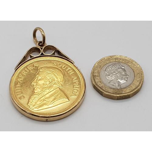 57 - A 1981 22k Krugerrand Coin in a 9K Gold Pendant Casing. Total weight - 37.56g.