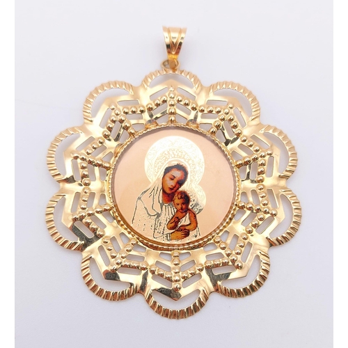 699 - A 14K Yellow Gold Religious Themed Pendant - 6cm and a Pair of 14K Yellow and White Gold Embossed La... 