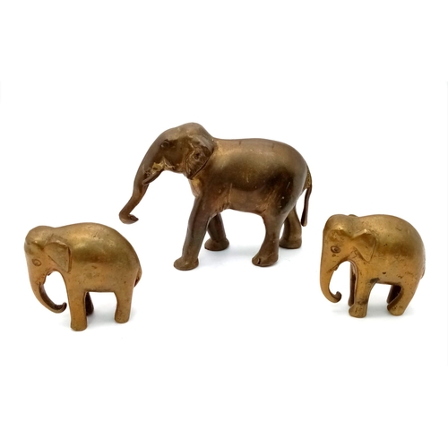 780 - Three Vintage Brass Elephant Figurines - A Mother with two calves. Mother - 10cm tall.