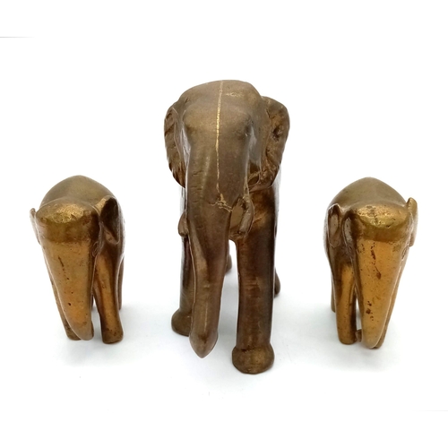 780 - Three Vintage Brass Elephant Figurines - A Mother with two calves. Mother - 10cm tall.