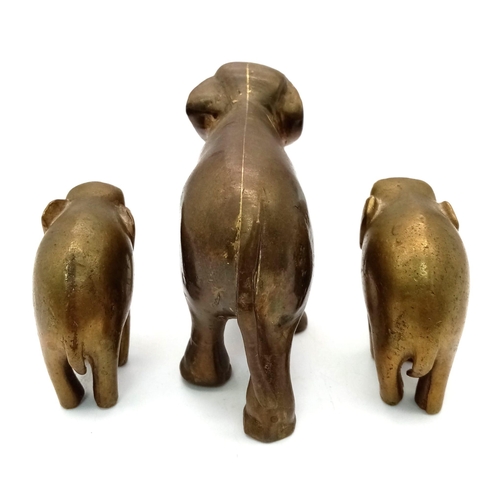 780 - Three Vintage Brass Elephant Figurines - A Mother with two calves. Mother - 10cm tall.