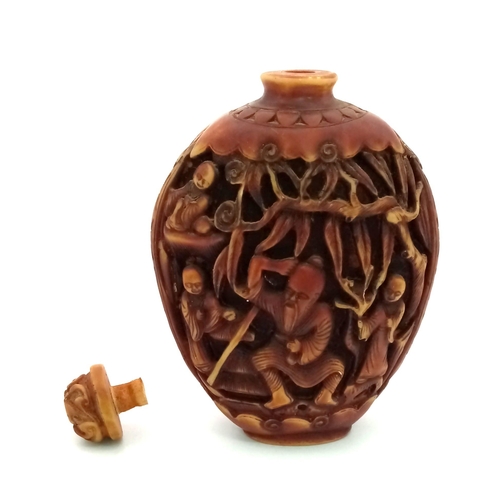 739 - A Chinese Hand-Carved Wood Perfume/Liquid Bottle. Wise elder decoration. 10cm high