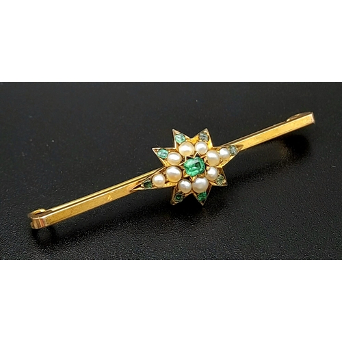 177 - An Eye-Catching Victorian Emerald and Seed Pearl Star-Bar (Star is high karat gold) Brooch! Set in 9... 