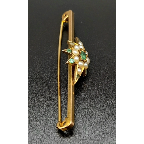 177 - An Eye-Catching Victorian Emerald and Seed Pearl Star-Bar (Star is high karat gold) Brooch! Set in 9... 