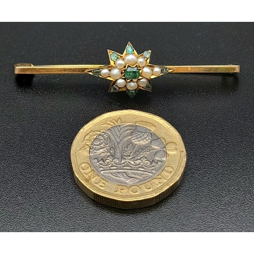 177 - An Eye-Catching Victorian Emerald and Seed Pearl Star-Bar (Star is high karat gold) Brooch! Set in 9... 