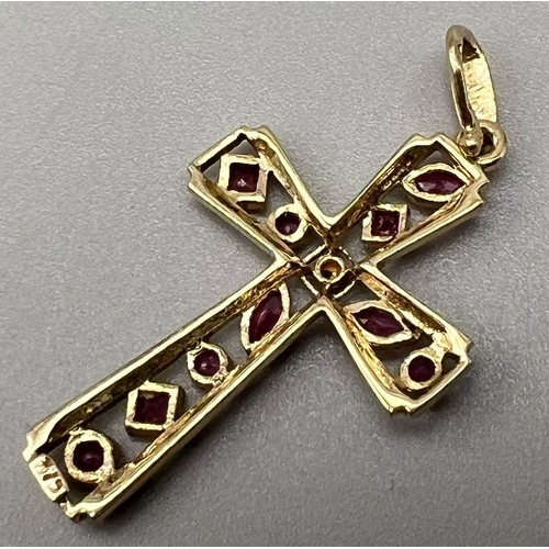 191 - A 9K Yellow Gold Ruby and Diamond Cross Pendant. Marquise and square cut. 35 x 20mm. 1.75g total wei... 