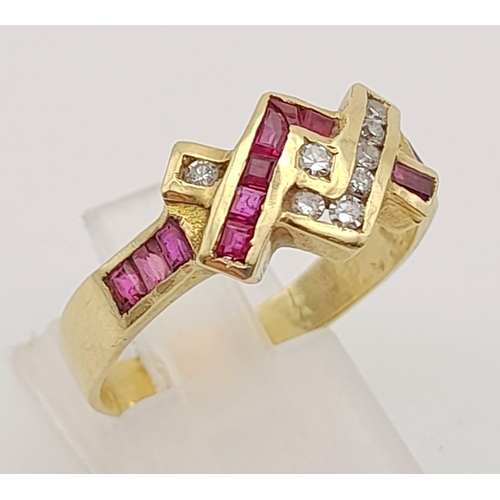 227 - 14K YELLOW GOLD DIAMOND & RUBY FANCY RING 0.20CT 4.14G SIZE T