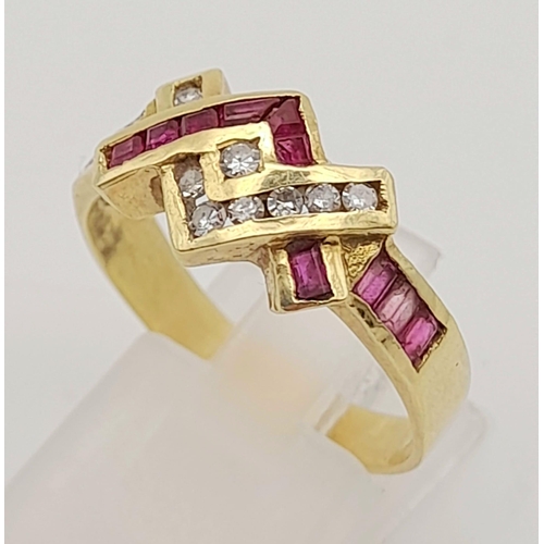 227 - 14K YELLOW GOLD DIAMOND & RUBY FANCY RING 0.20CT 4.14G SIZE T