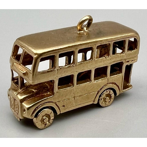 241 - 9K YELLOW GOLD LONDON BUS DOUBLE DECKER CHARM 7.4G WITH MOVING WHEELS