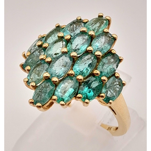 356 - 9K YELLOW GOLD EMERALD CLUSTER RING 3.7G SIZE O