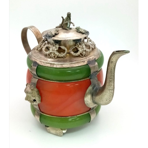 1522 - A Chinese Green and Red Jade Tibetan-Silver Teapot. Removable lid with frog and monkey decoration. L... 