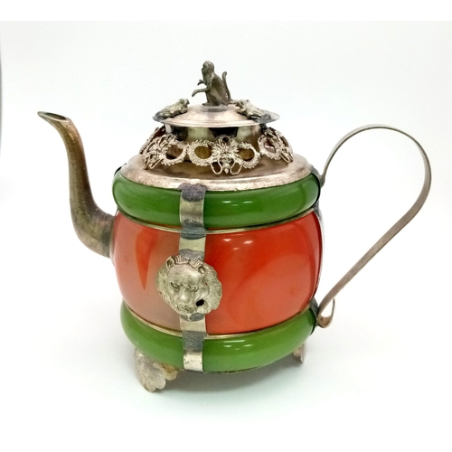 1522 - A Chinese Green and Red Jade Tibetan-Silver Teapot. Removable lid with frog and monkey decoration. L... 