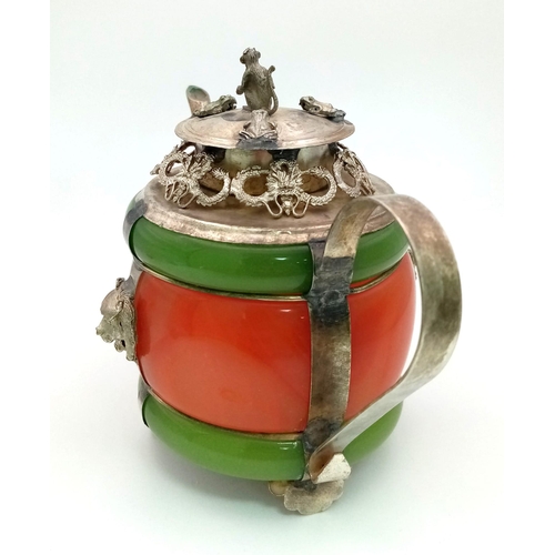 1522 - A Chinese Green and Red Jade Tibetan-Silver Teapot. Removable lid with frog and monkey decoration. L... 