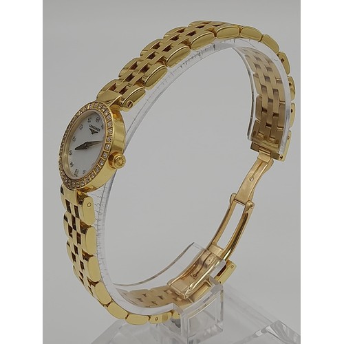 74 - AN 18K GOLD LADIES LONGINE WRIST WATCH WITH DIAMOND BEZEL AND NUMERALS,QUARTZ MOVEMENT IN ORIGINAL B... 