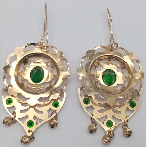 132 - A Pair of 14K Gold Green Stone Earrings. 6cm. 14.6g total weight. Ref: 6-2498