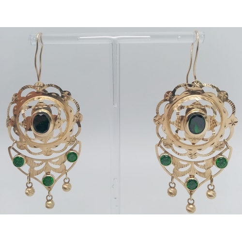 132 - A Pair of 14K Gold Green Stone Earrings. 6cm. 14.6g total weight. Ref: 6-2498