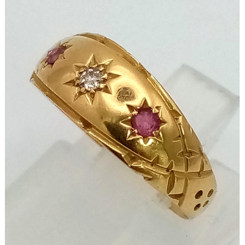 349 - 18K Yellow Gold ANTIQUE DIAMOND & RUBY 3 STONE RING 2.1G SIZE L HALLMARKED BIRMINGHAM 1903