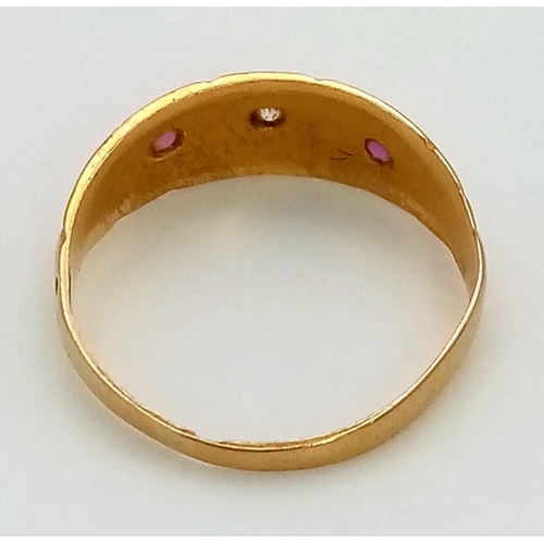 349 - 18K Yellow Gold ANTIQUE DIAMOND & RUBY 3 STONE RING 2.1G SIZE L HALLMARKED BIRMINGHAM 1903