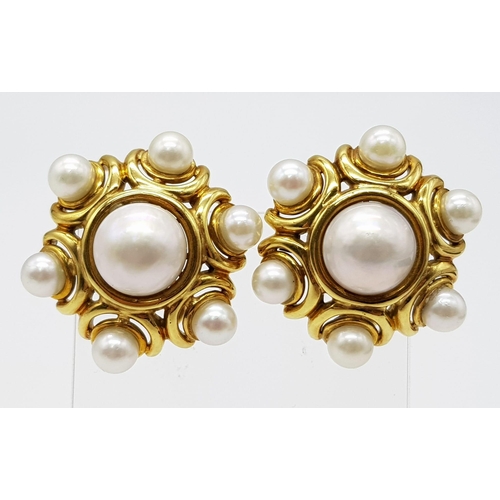 451 - A FABULOUS PAIR OF 18K GOLD AND PEARL ITALIAN DESIGNER CLIP EARRINGS   39gms