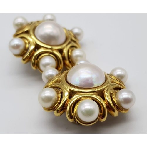 451 - A FABULOUS PAIR OF 18K GOLD AND PEARL ITALIAN DESIGNER CLIP EARRINGS   39gms