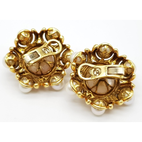 451 - A FABULOUS PAIR OF 18K GOLD AND PEARL ITALIAN DESIGNER CLIP EARRINGS   39gms