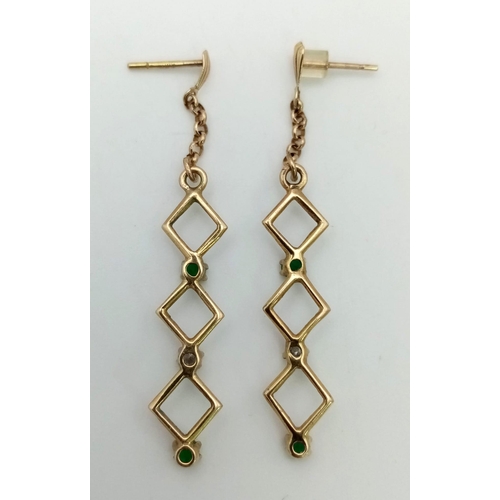 615 - 9K YELLOW GOLD DIAMOND & EMERALD SET DROP EARRINGS 1.8G