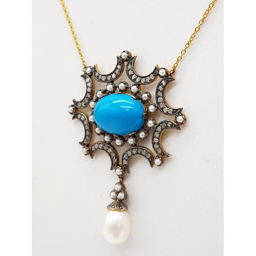 577 - An Edwardian High Karat Turquoise, Diamond and Pendulique Pearl Necklace with Pendulique Silver-Fron... 