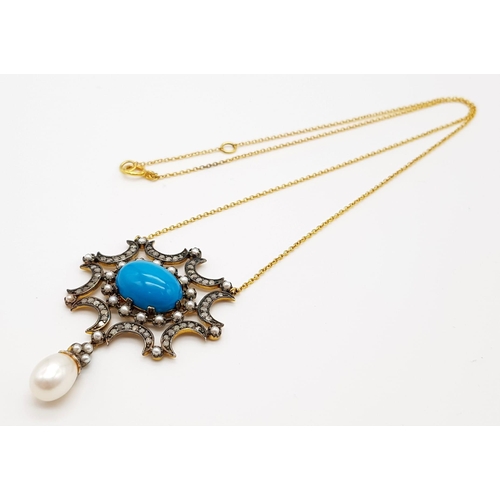 577 - An Edwardian High Karat Turquoise, Diamond and Pendulique Pearl Necklace with Pendulique Silver-Fron... 