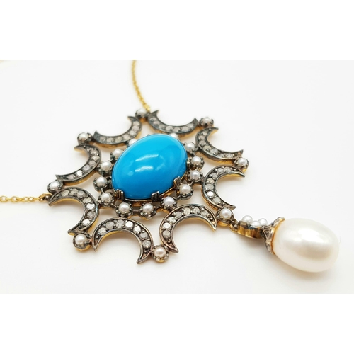 577 - An Edwardian High Karat Turquoise, Diamond and Pendulique Pearl Necklace with Pendulique Silver-Fron... 