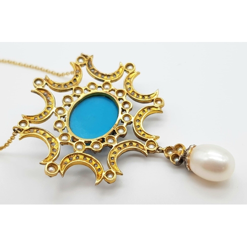 577 - An Edwardian High Karat Turquoise, Diamond and Pendulique Pearl Necklace with Pendulique Silver-Fron... 