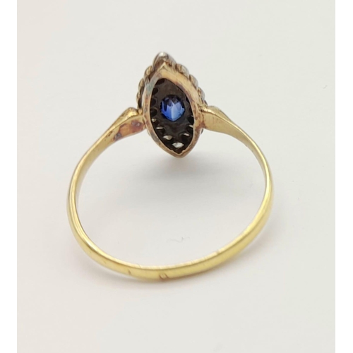 580 - An Edwardian 18K Gold Marquise Ceylon Sapphire and Diamond Ring. Size M. 2.17g total weight. Comes i... 