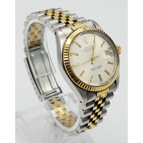 644 - A ROLEX OYSTER PERPETUAL DATEJUST BI-METAL MIDSIZE WATCH WITH STUNNING SILVERTONE FACE . 30mm