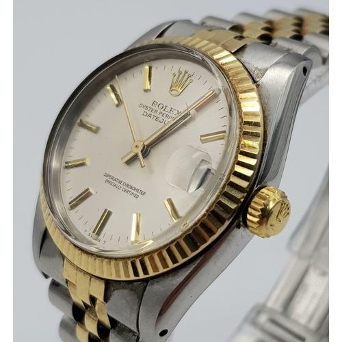 644 - A ROLEX OYSTER PERPETUAL DATEJUST BI-METAL MIDSIZE WATCH WITH STUNNING SILVERTONE FACE . 30mm