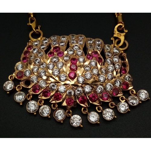 204 - A 22K Gold Red and White Stone Necklace. A/F. 42.3g total weight. Ref: 5-559.