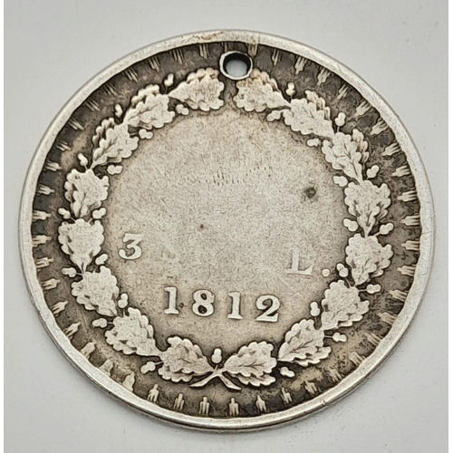 833 - An 1812 Silver George III 3 Shilling Bank Token Pendant. Hole at top. Please see photos for conditio... 