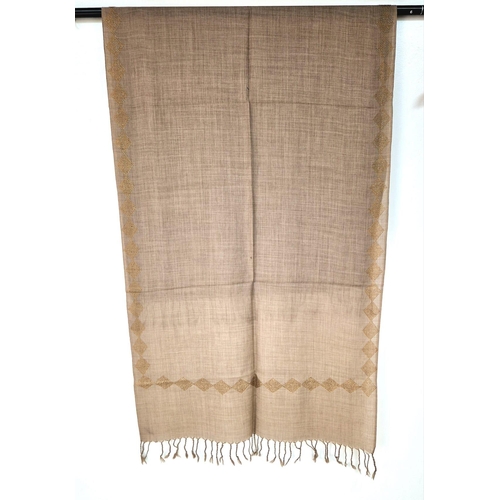 846 - A Soft luxurious Pasmina hand-feel pure Beige wool scarf embellished with gold crystals. Tassels at ... 