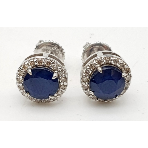 839 - 14K White Gold Blue Sapphire Earrings, 0.28cts Diamond, 2.15cts Blue Sapphire and a Total Weight 2.4... 