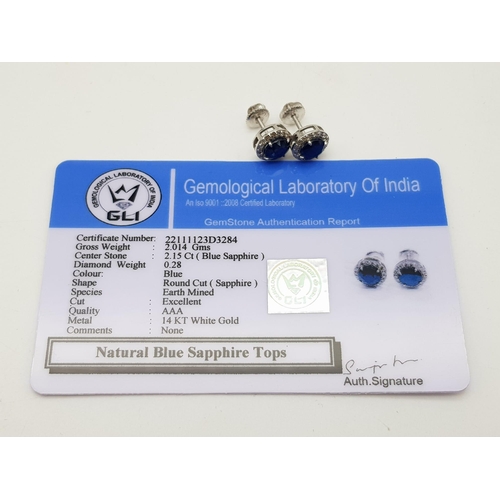 839 - 14K White Gold Blue Sapphire Earrings, 0.28cts Diamond, 2.15cts Blue Sapphire and a Total Weight 2.4... 