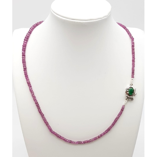 853 - 925 Silver Ruby Necklace with Emerald Clasp. Approx. 42cm length, Total Weight 15.76grams. 80cts Rub... 